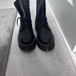 Dr. Martens Black Lace-Up Platform Combat Boots with Yellow Stitching